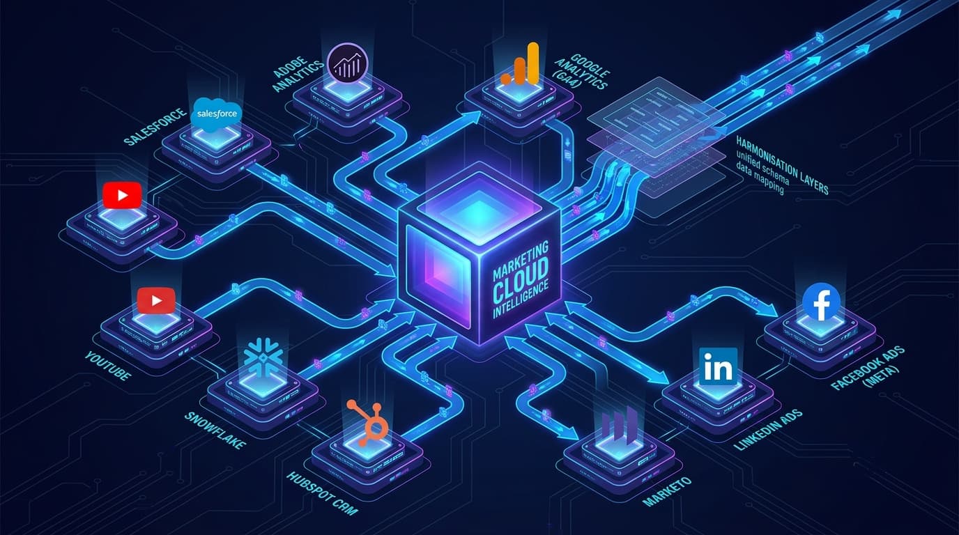 All 9 sources connected into a single harmonized Marketing Cloud Intelligence workspace via custom data model