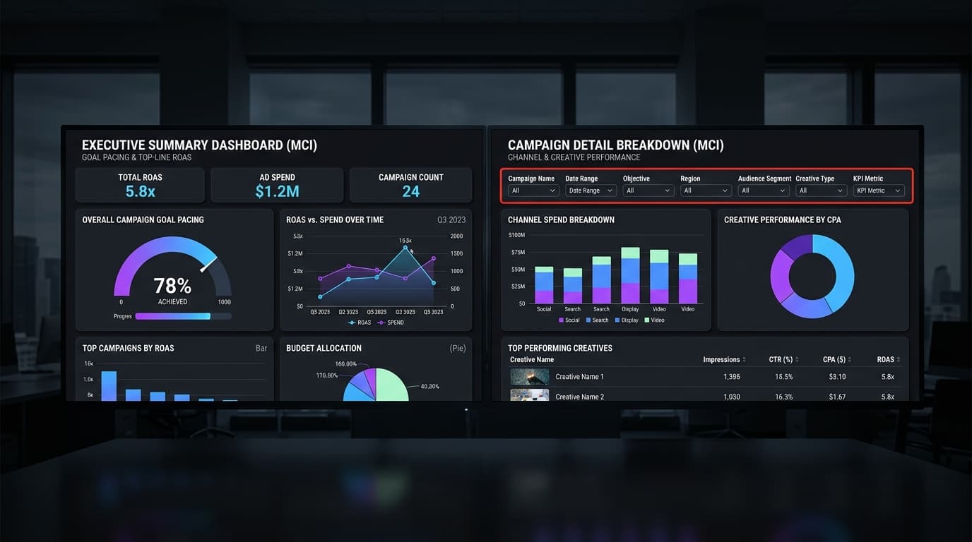 Two production dashboards delivering executive goal pacing and campaign-level creative performance with 7 healthcare filters