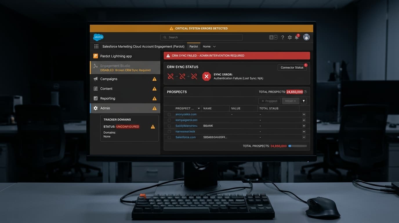 Corrupted database, CRM sync failures, missing Lightning modules, and no website tracking: the platform state at audit for an industrial distributor
