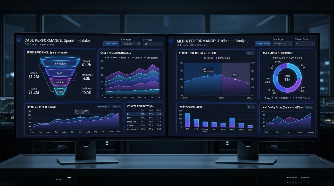 Case and Media Performance dashboards: full-funnel case performance and online-vs-offline media attribution, rebuilt from scratch