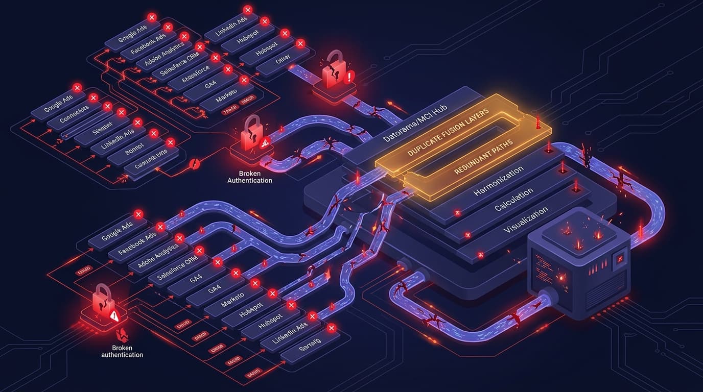 Broken MCI platform with stream errors, 20+ failing data streams, 25+ redundant fusions, and dashboard discrepancies across all channels: the audit starting point