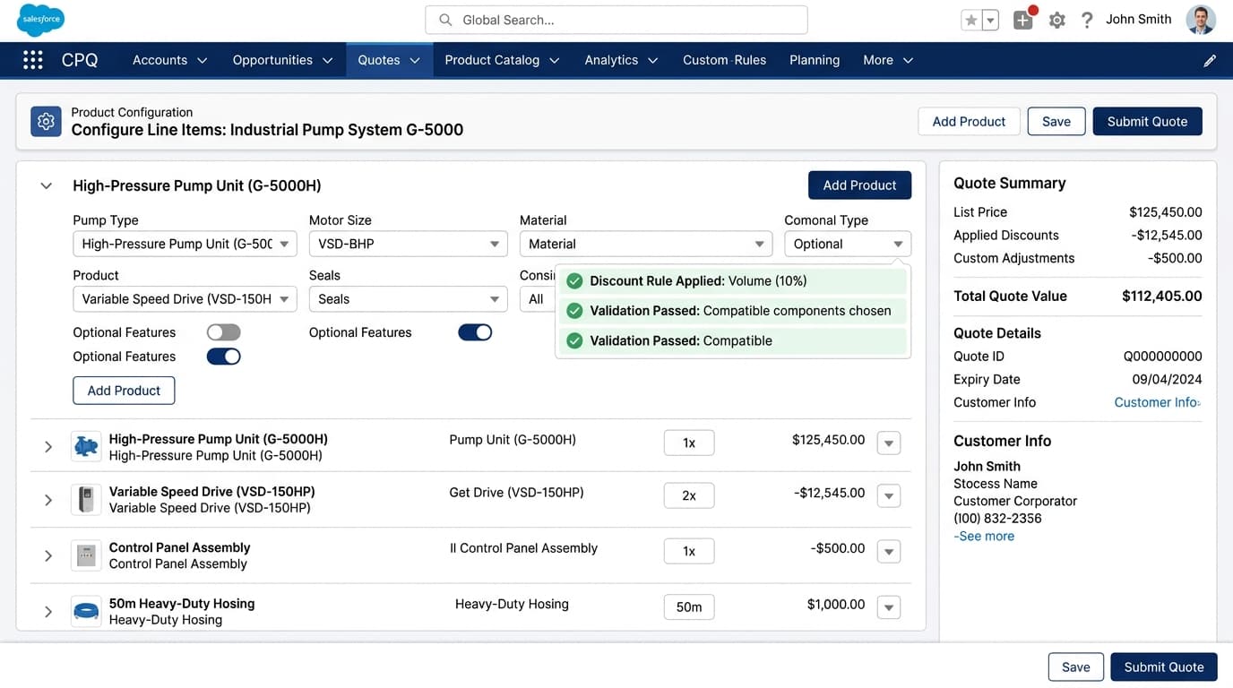 Salesforce CPQ: real-time product configuration, pricing rules, and quote generation in a unified sales workflow