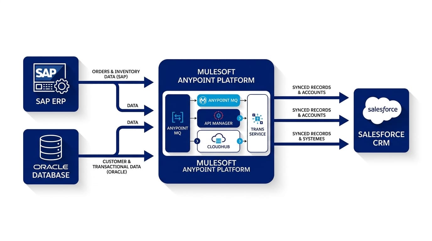 MuleSoft Anypoint Platform: API-led integration connecting Salesforce to SAP and Oracle ERP in real time