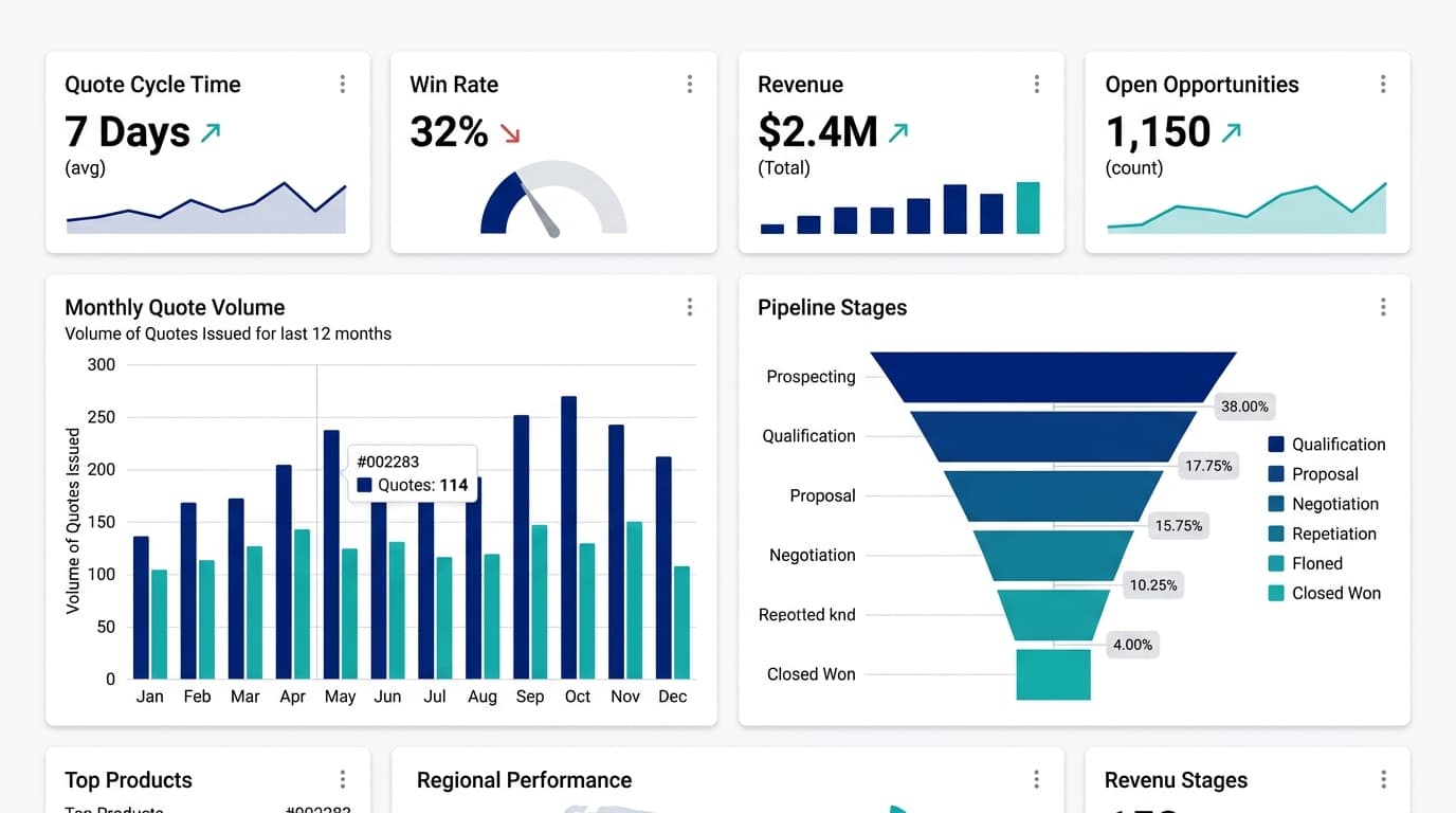 Sales operations dashboard: pipeline velocity, quote cycle time, and revenue metrics in a single view