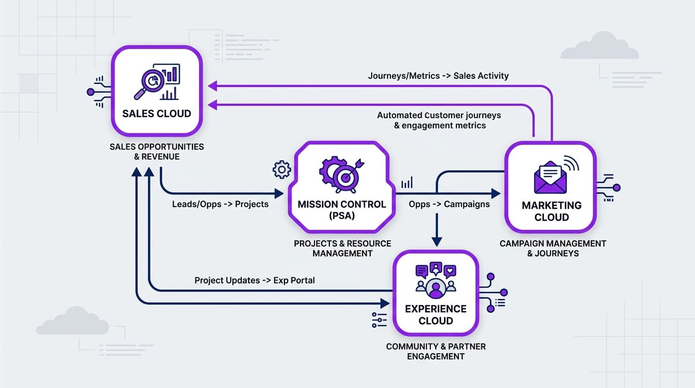 Salesforce multi-cloud architecture: Sales Cloud, Experience Cloud, Mission Control, and MCI unified on one platform