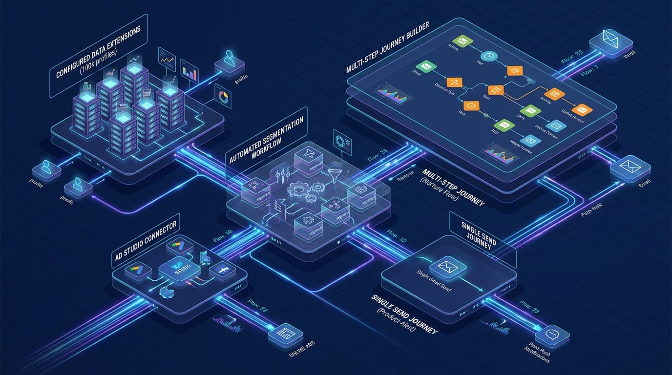 SFMC platform live with 100k profiles configured, automated segmentation workflow, and Single Send and Multi-Step journeys deployed in Marketing Cloud