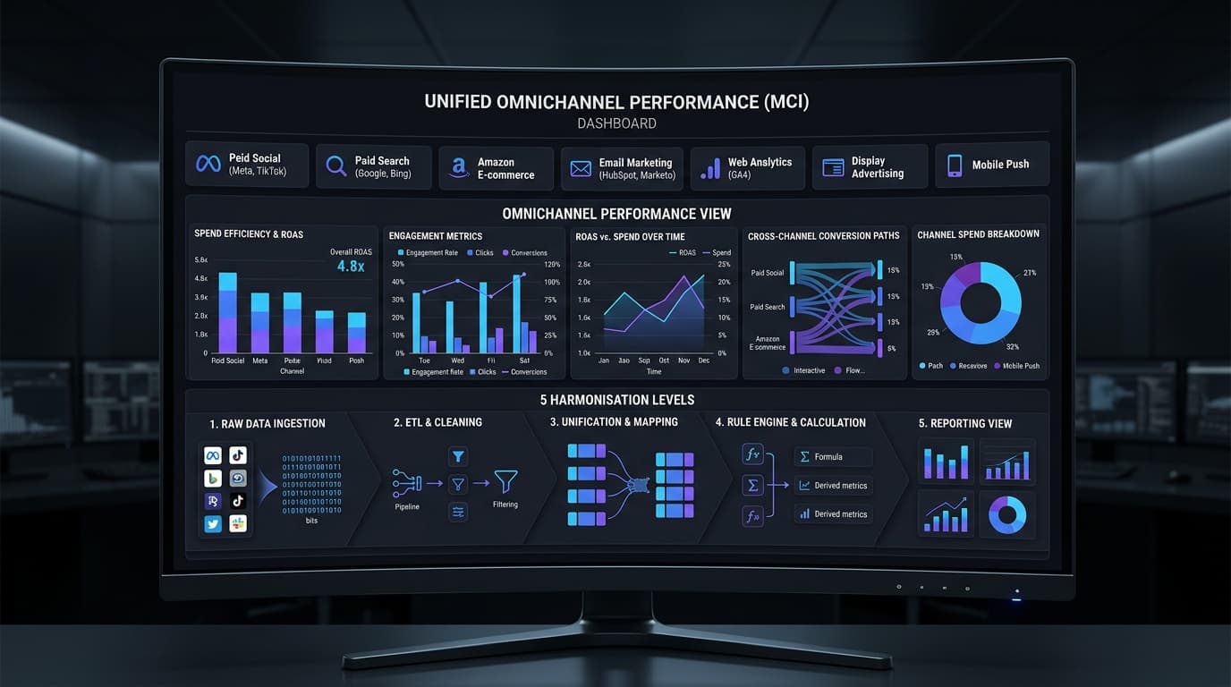 MCI omnichannel dashboard: 7 sources unified across paid, owned, and e-commerce channels with 10+ custom KPIs and 5 harmonization levels in one workspace