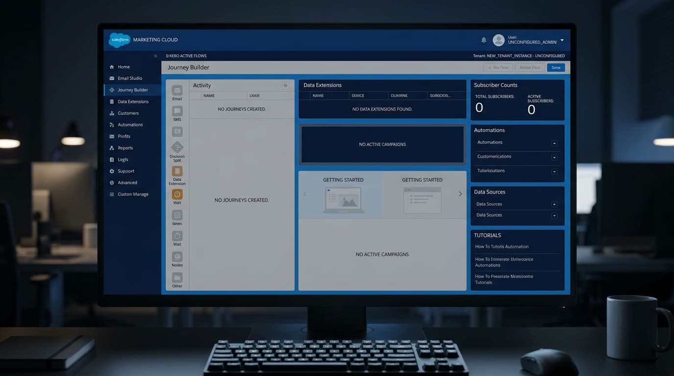 No SFMC instance, no journeys, no analytics: the blank slate before the dual-workstream implementation began for a technology company