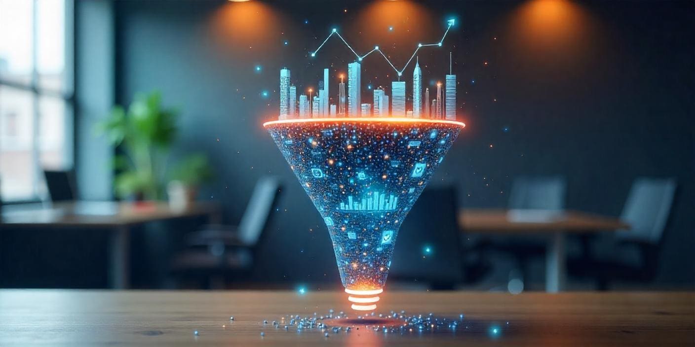 Marketing funnel with an office in the background