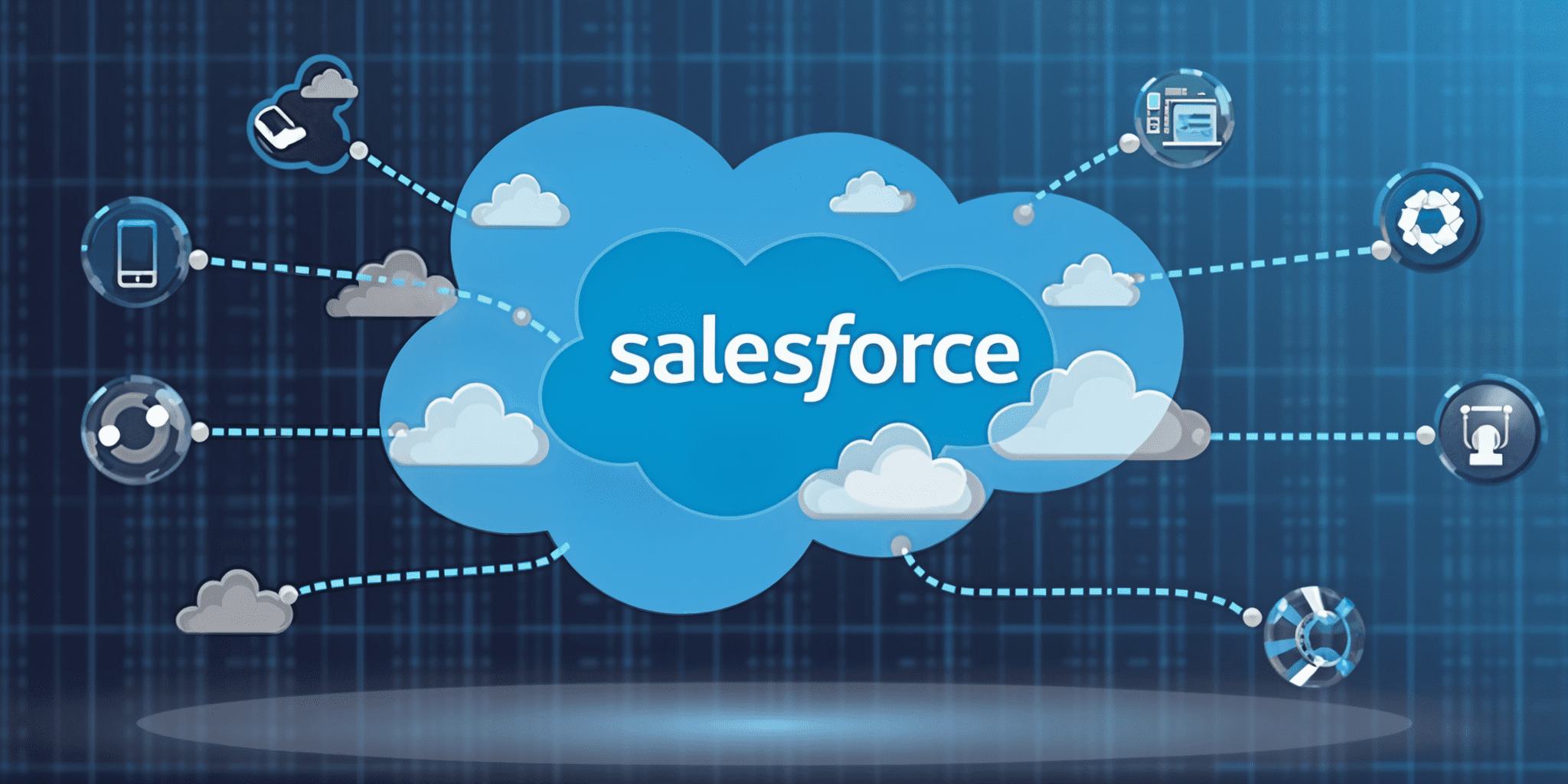 A connected Salesforce logo with various icons attached to it