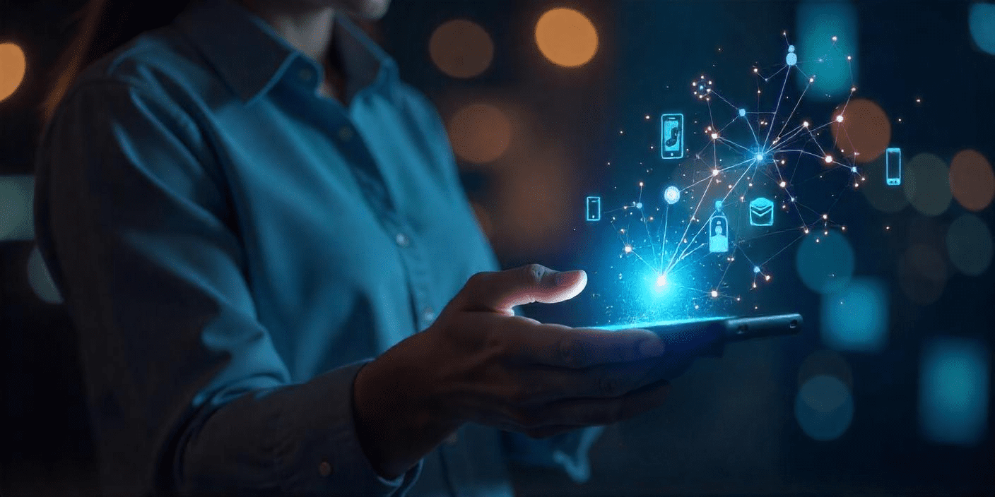 Customer looking at smart phone with marketing icons around