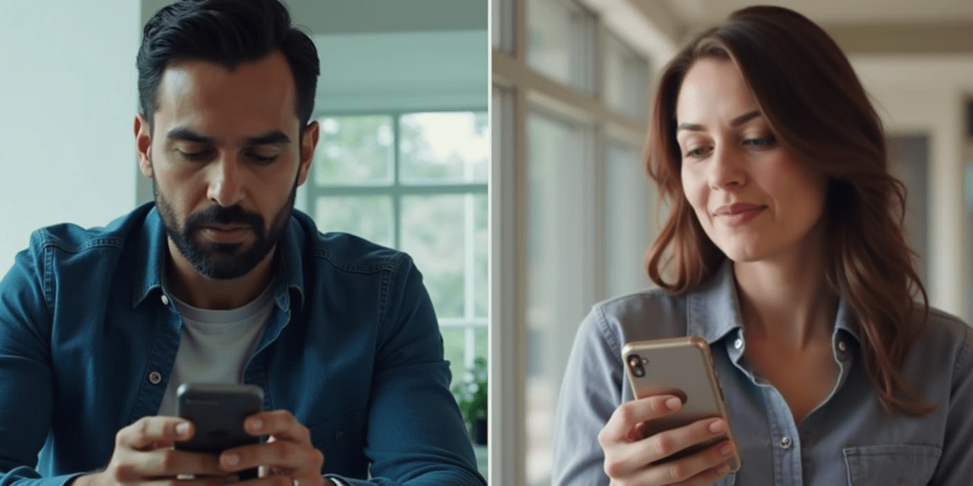 A split screen of two different customers receiving messages on their phones