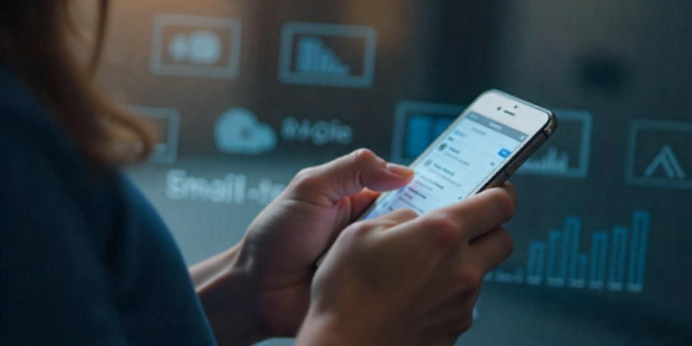 Customer looking at her phone with email metrics in the background
