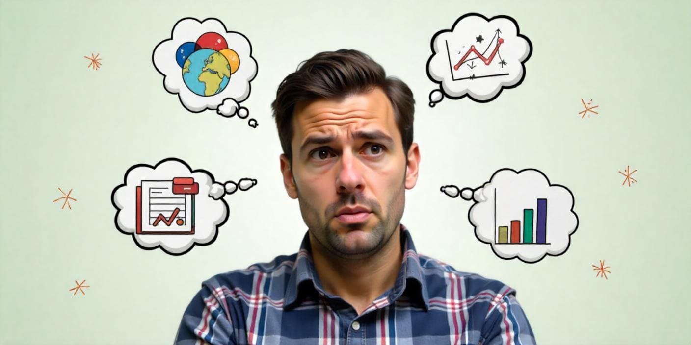 Business person frustrated with different icons around him