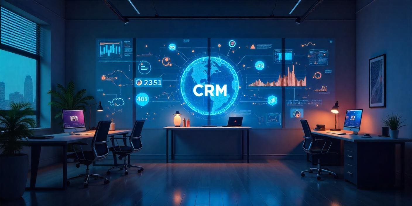 A CRM with data flowing in and out of it in an office