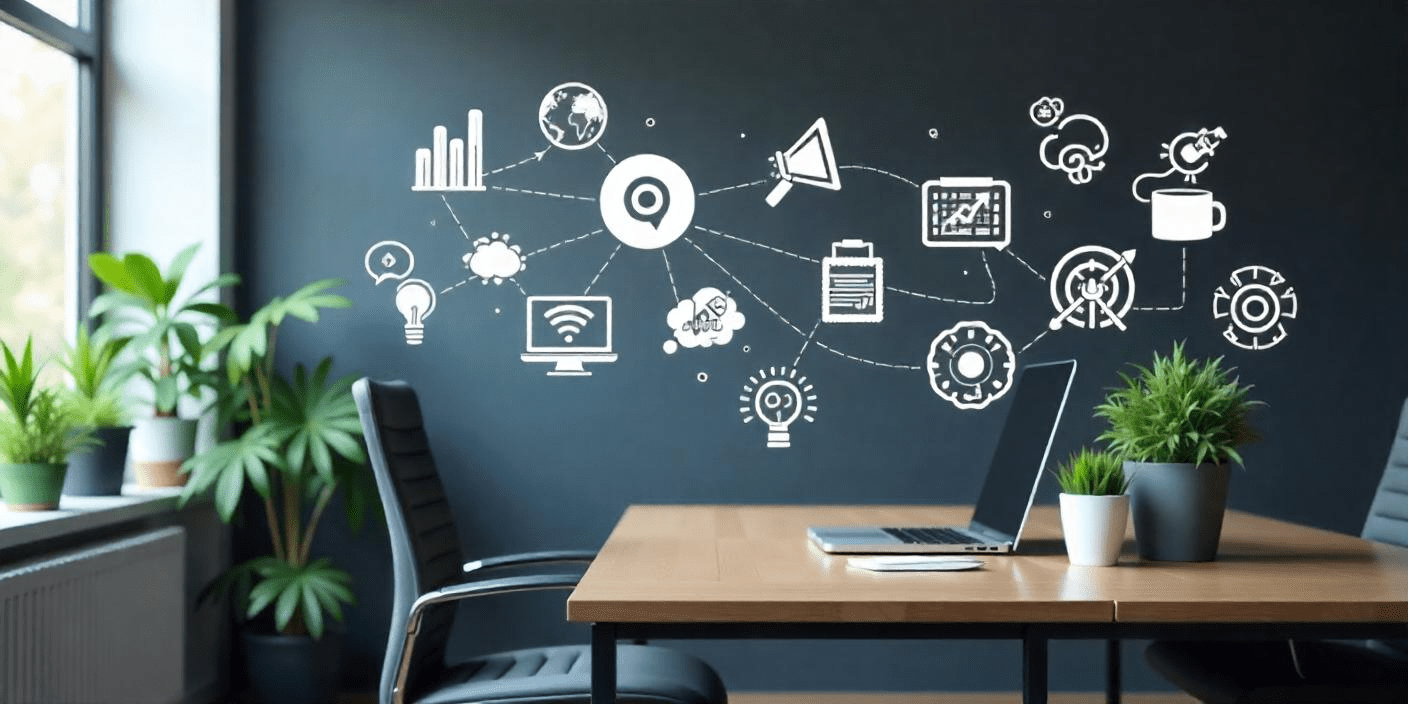 An office with different marketing channel icons