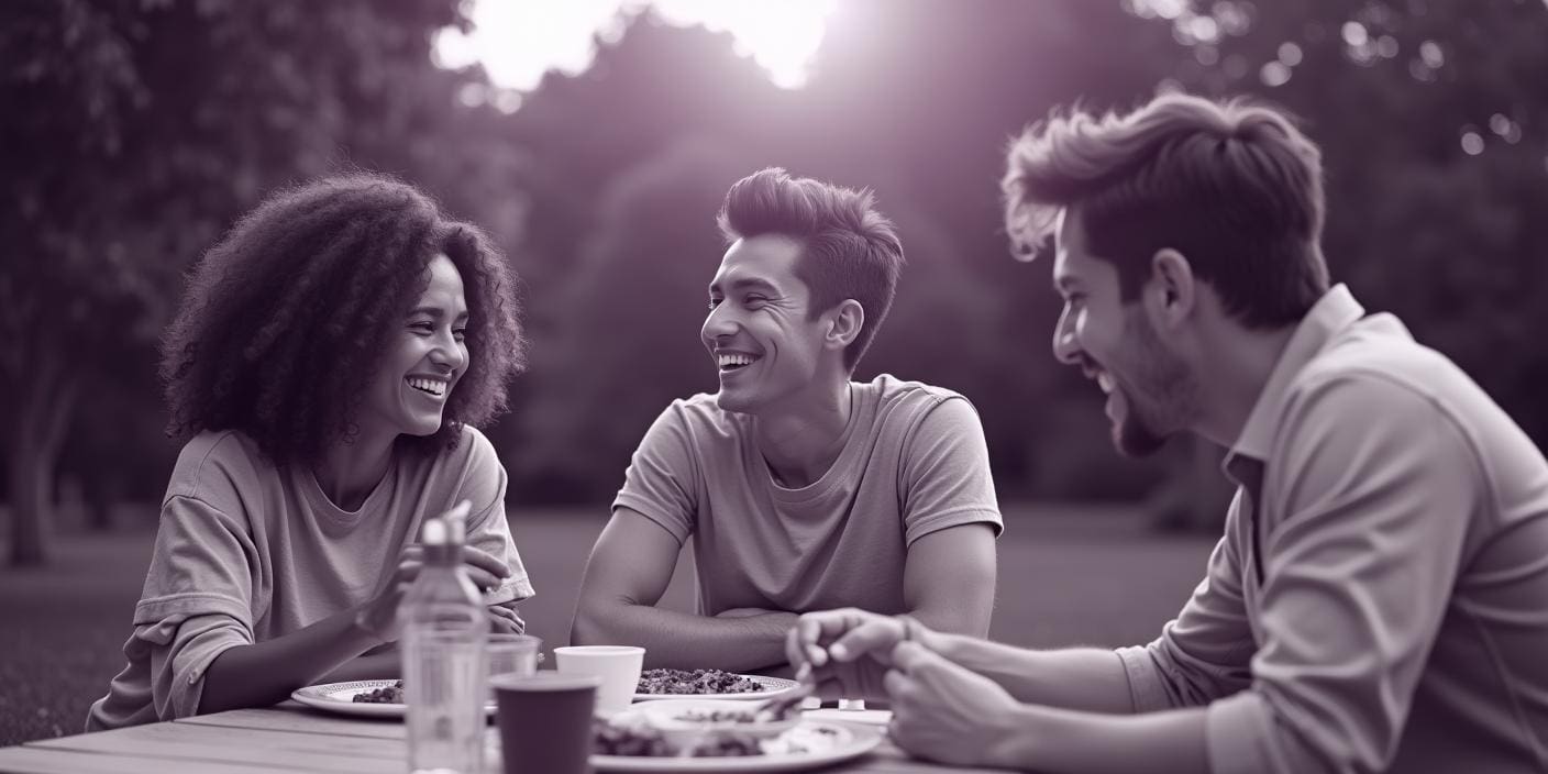 Three friends eating at a picnic table