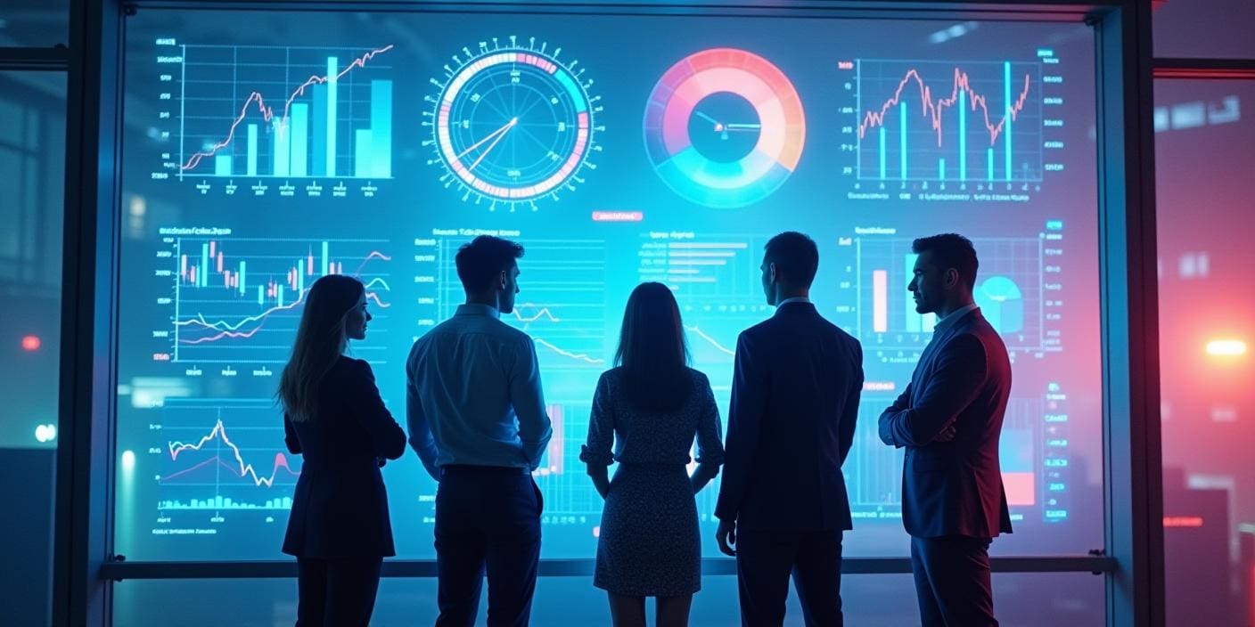 A group of business professionals looking at a data dashboard