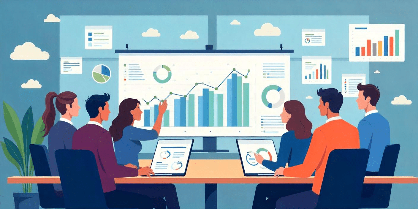 Illustration of a team evaluating software for analytics