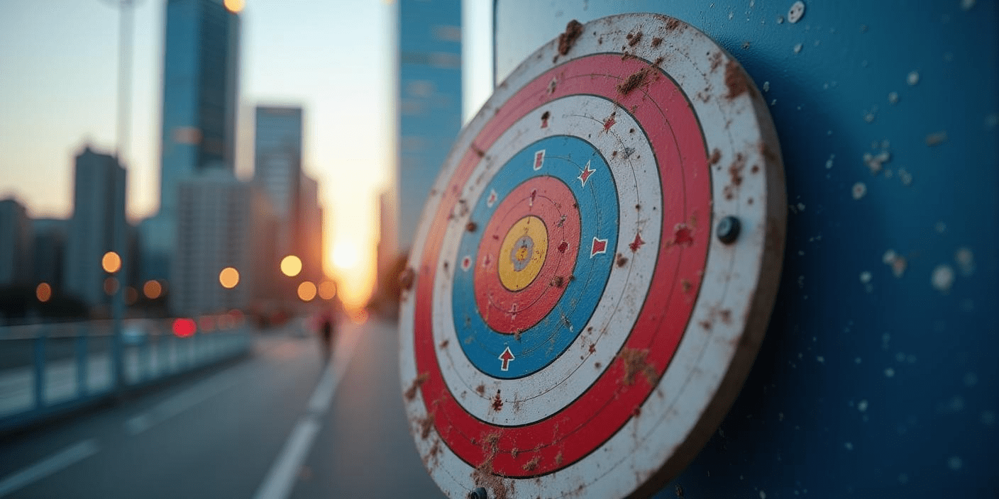 A bullseye with a background of a city