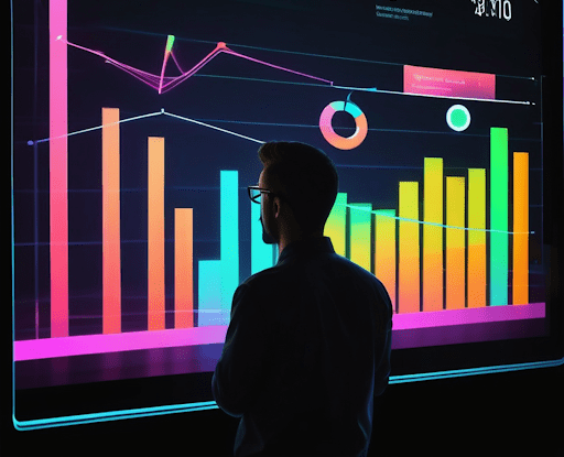 Silhouetted figure examining a dynamic 3D array of neon-lit data visualizations floating above a tablet.