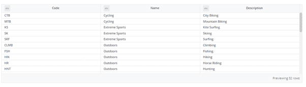 Custom Activity Classification Table Preview