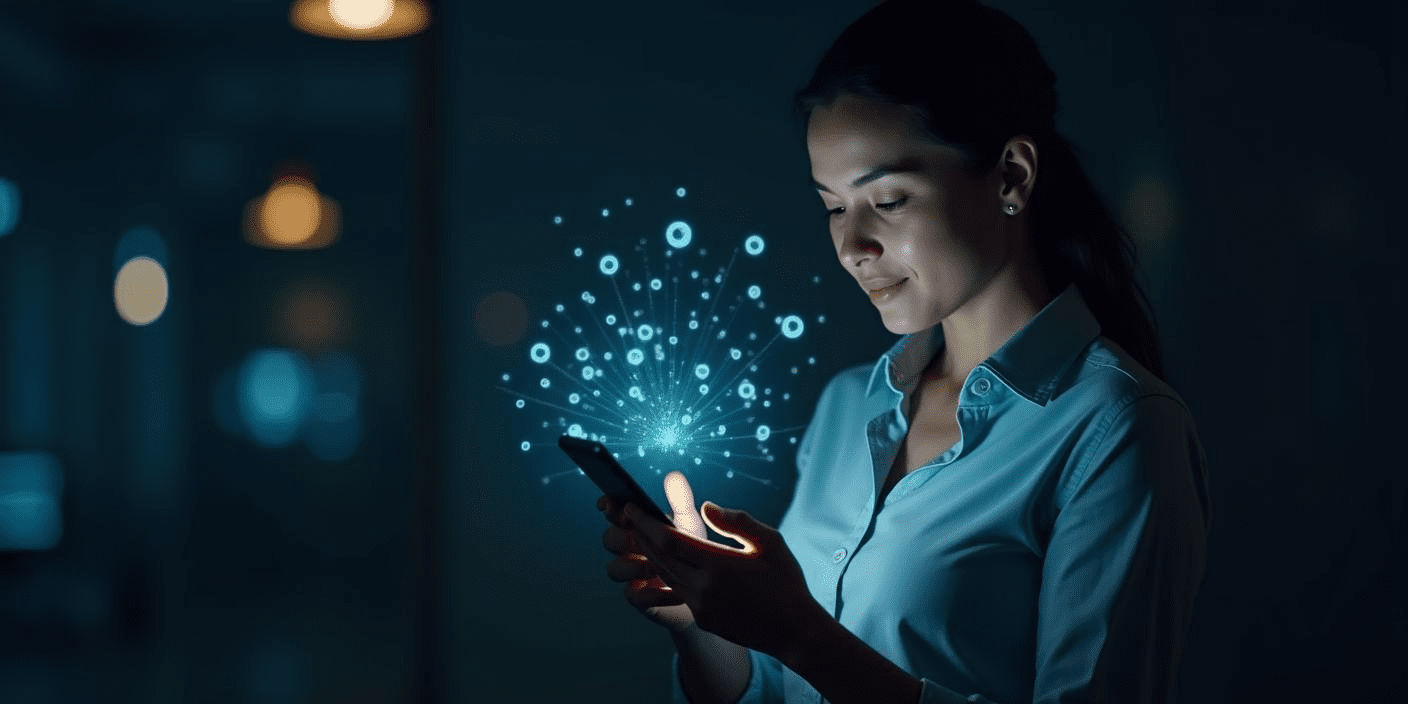 A customer looking at her phone with data coming off it