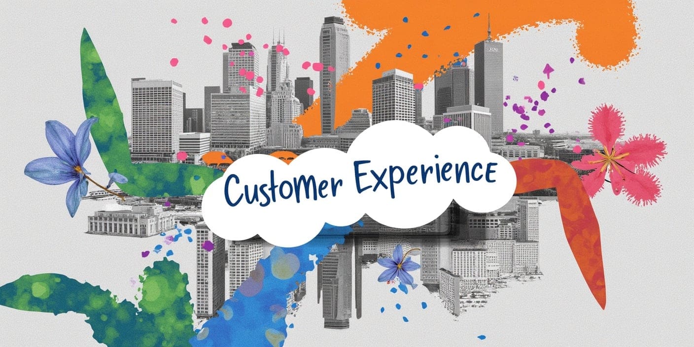 A cityscape with the words Customer Experience centered in the image