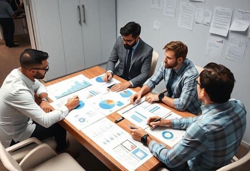 data analysts discussing data analysis around a table scattered with charts and graphs