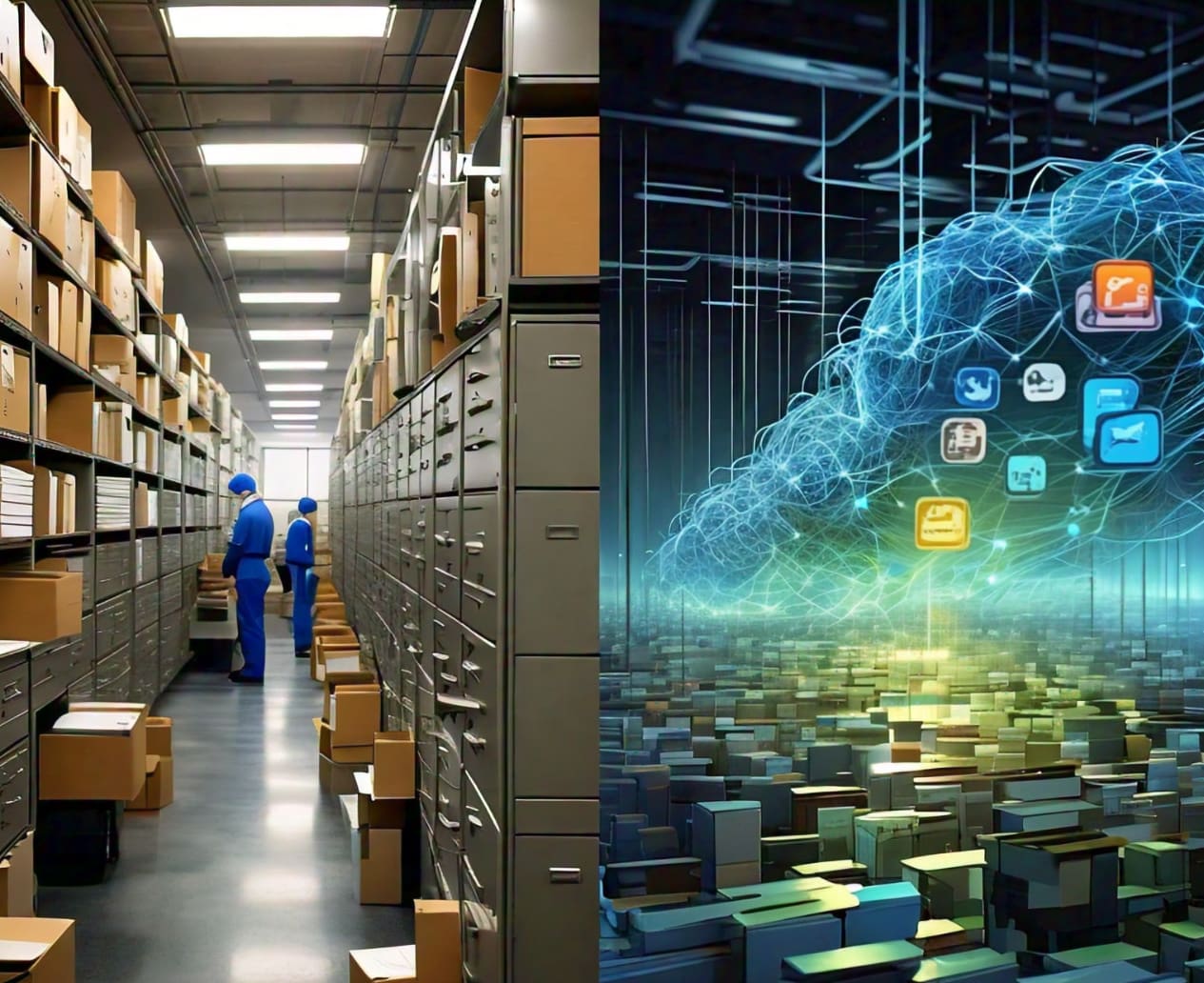 a splitscreen of a mailroom and data cloud