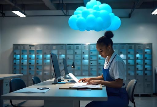 a data professional working on a computer with a data cloud above her