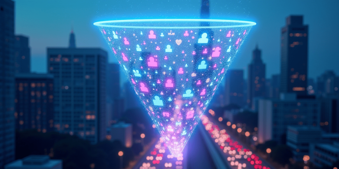 A filtering funnel with a busy city in the background