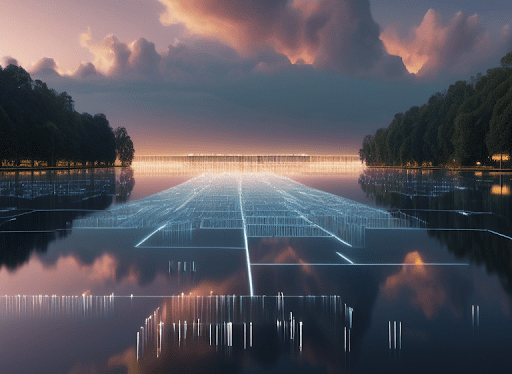 Illustration contrasting a serene lake with flowing data and a structured warehouse under a binary code-patterned sky.