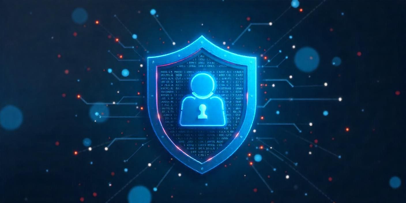 A shield with data flowing around it