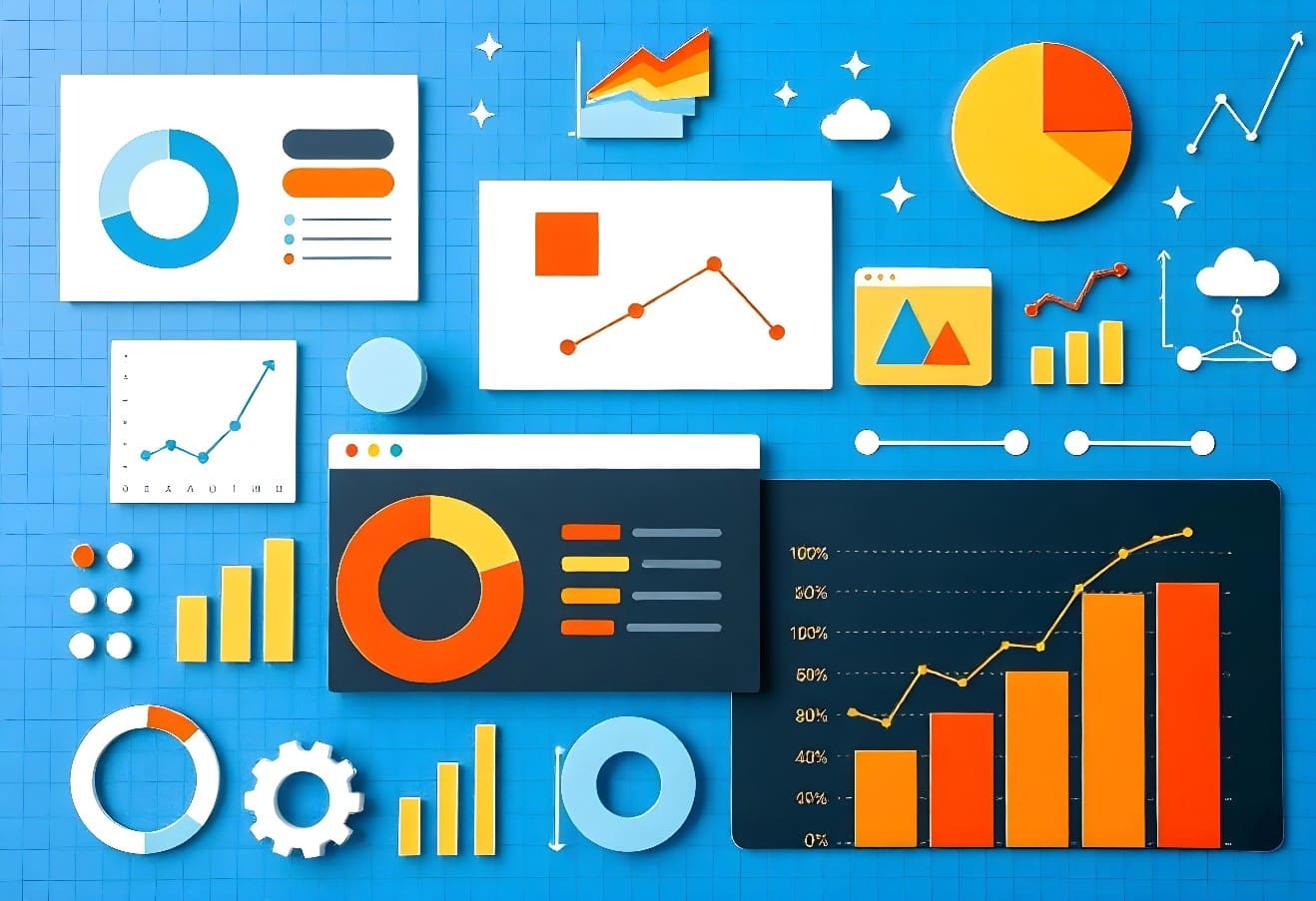 Collage of data visualizations and analysis icons on a blue backdrop.