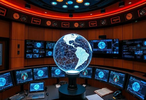 Control room with screens and holographic globe indicating network activity