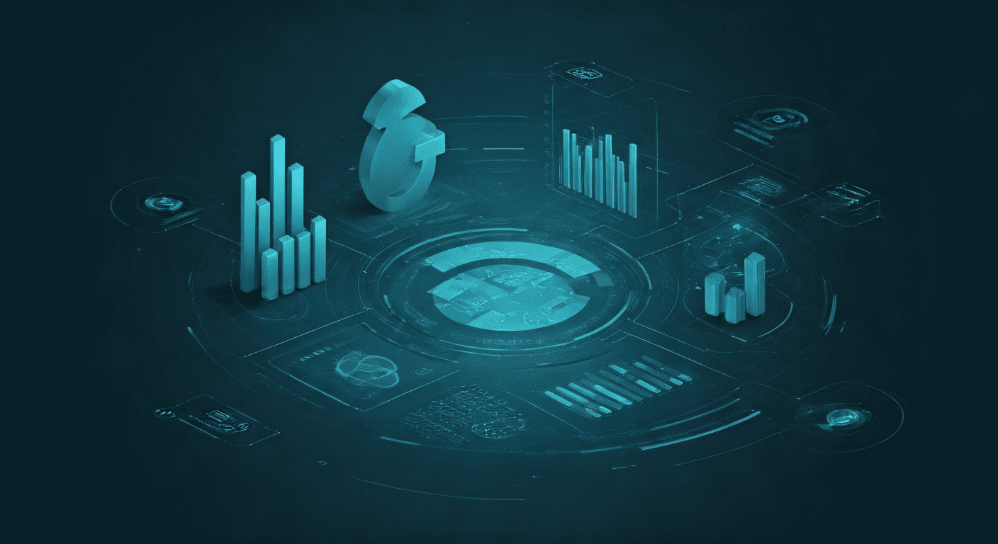 Various charts and reports displayed around a circle