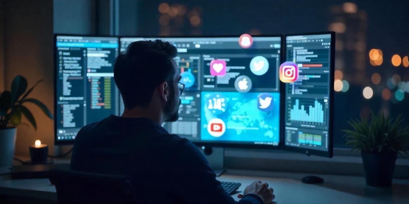 A person looking at a computer with multiple social media icons around him