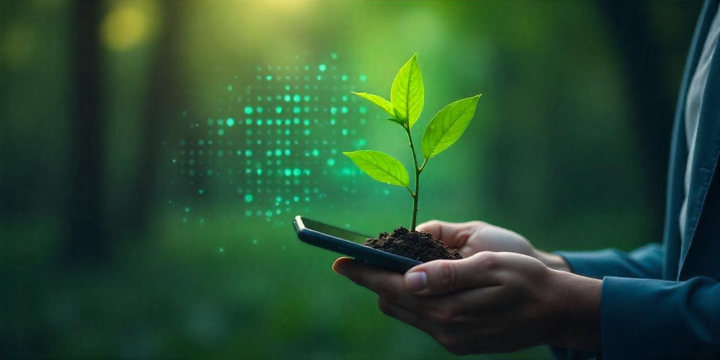 Person holding a smart phone with plant growing from it