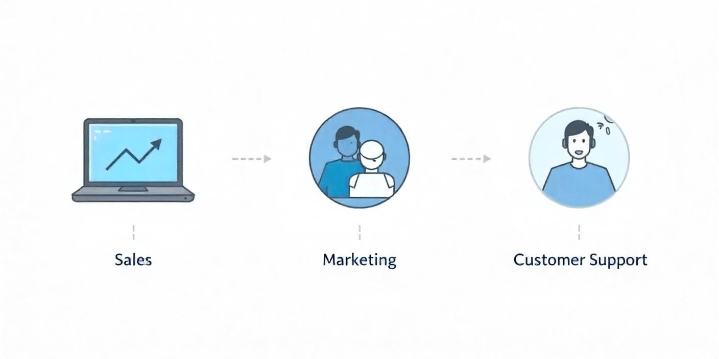 Three business icons representing sale, marketing, and customer support