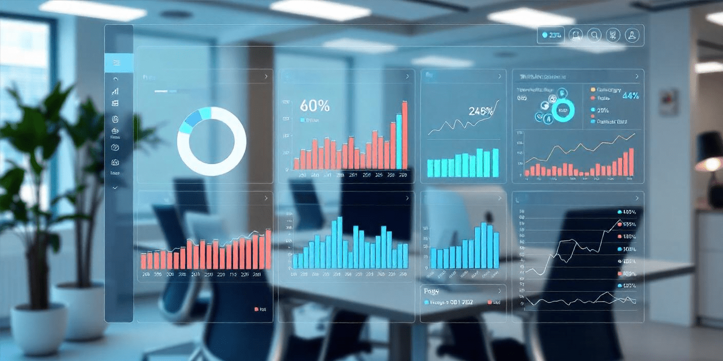 Charts and reports with an office background