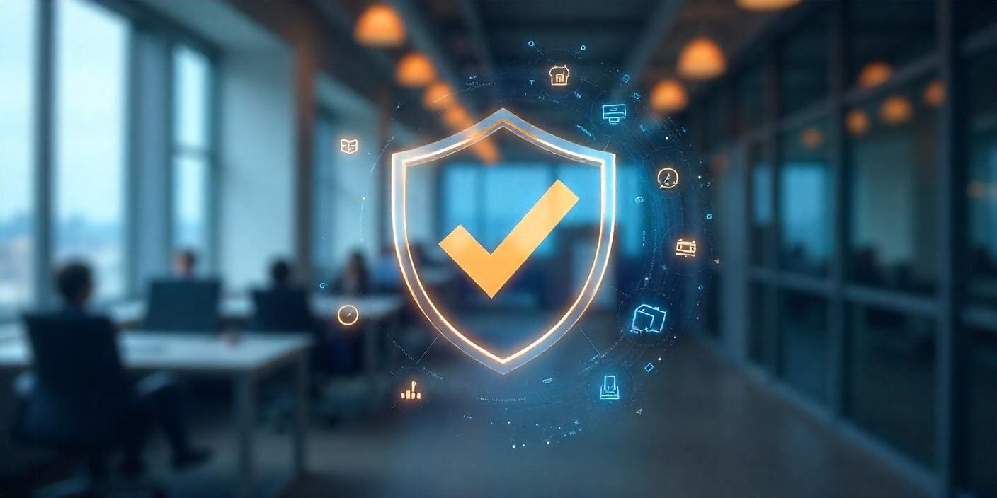 A shield icon with data around it in an office environment