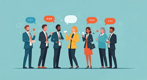 Diverse group communicating in client relations