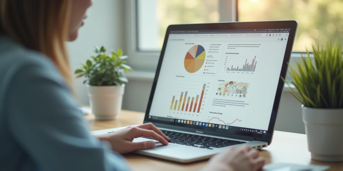 A business professional working on a laptop with a report displayed