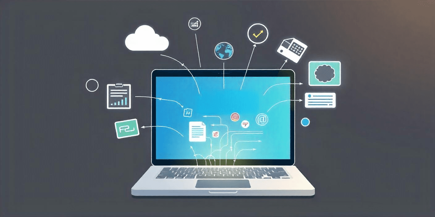 Illustration of a computer with different types of data flowing in