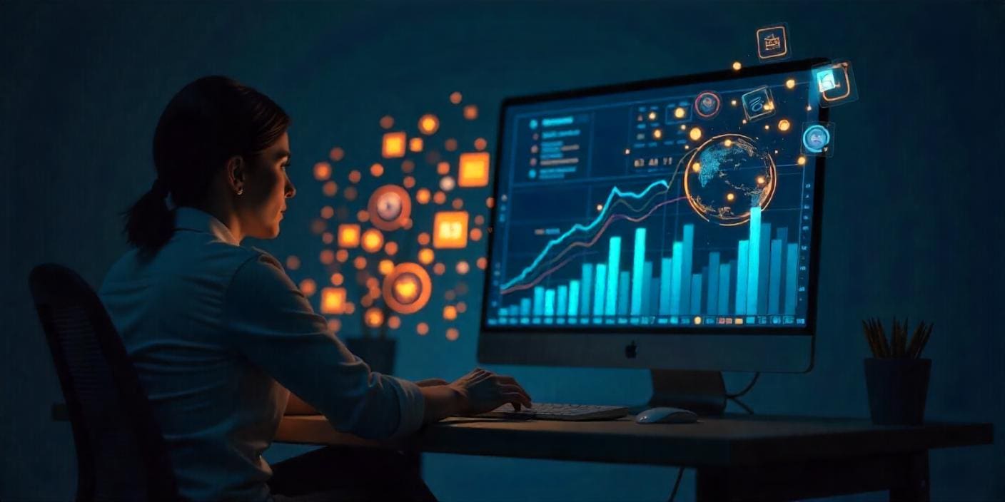 A woman working on a computer with data insights flowing in and out of it