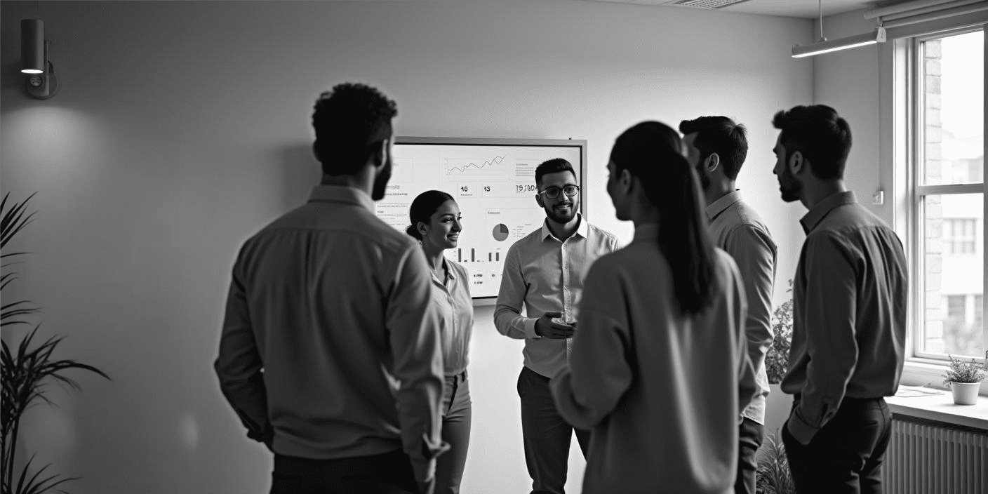 A group of coworkers collaborating in an office environment