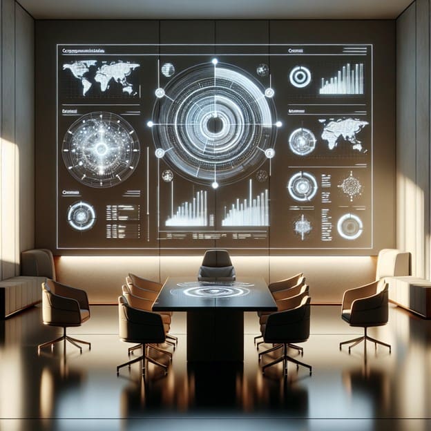 Holographic Salesforce dashboard with data charts in a modern office setting.
