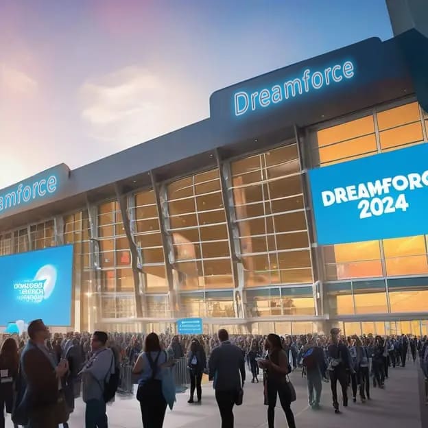 Professionals converse at the vibrant Dreamforce 2024 entrance, brimming with anticipation and activity.