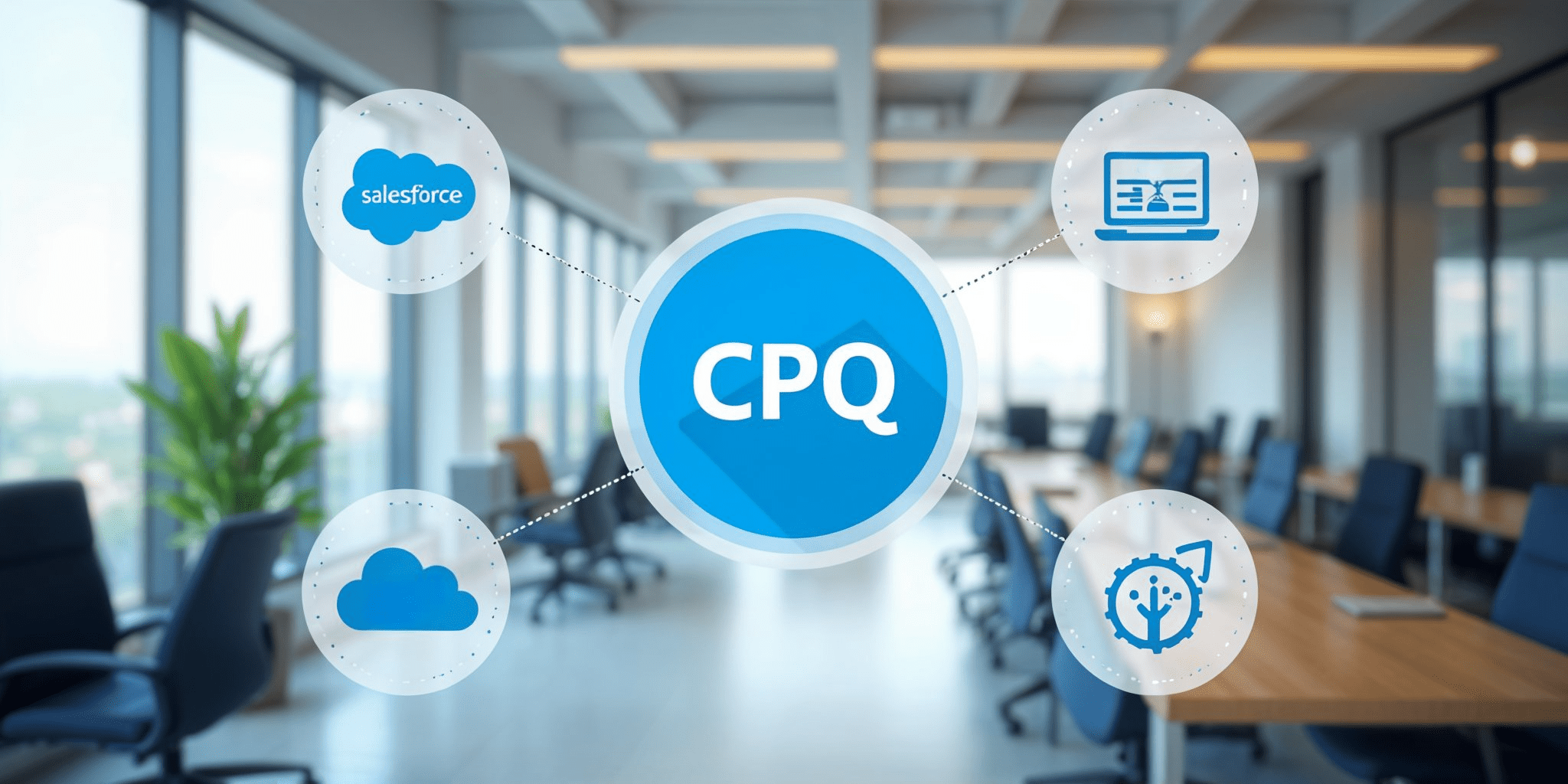 Connected business icons with CPQ in the middle